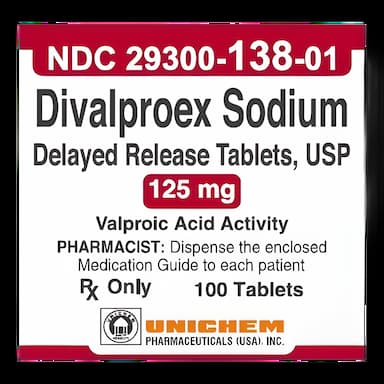 Divalproex Sodium 125 mg Tablets by Unichem Pharmaceuticals - Bottle of 100