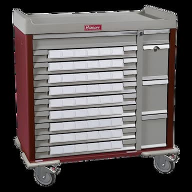 Medication Cart Standard Line Steel 23.5 X 43 X 45.75 Inch Burgundy 17 X 27.5 Inch Left Side Drawer, 17 X 6.25 Inch Right Side Drawer