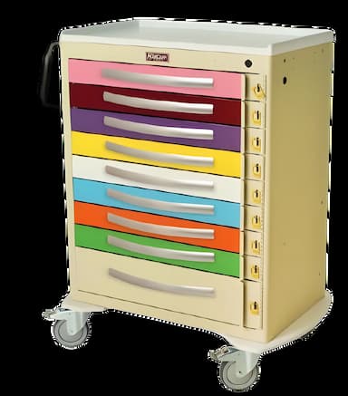 Medication Cart Harloff A series Aluminum 22 X 36.75 X 43.75 Inch Multicolor Eight 3%XE2%X80? (7.6 cm) drawers and one 6%XE2%X80? (15.2 cm) drawer