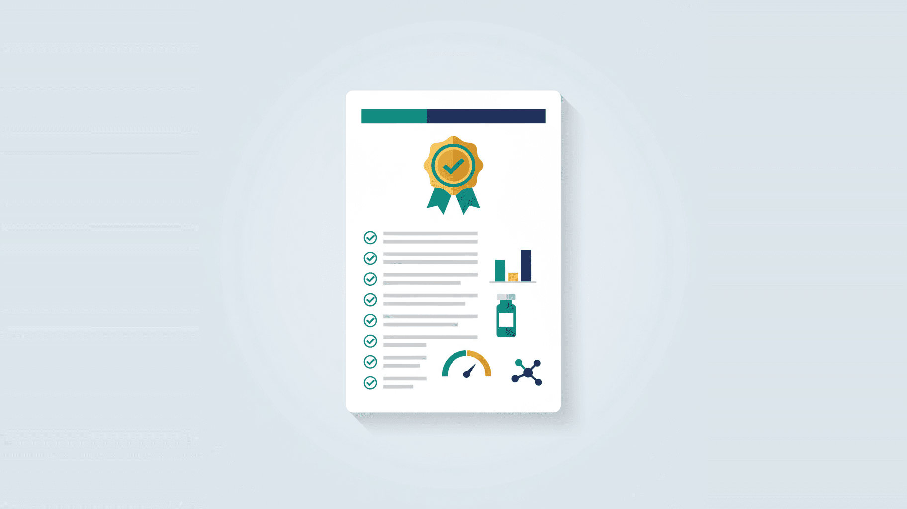 A Certificate of Analysis document with a quality seal, line-item test results with checkmarks, and assay charts — the batch-level proof that a product was tested and conforms to specification.