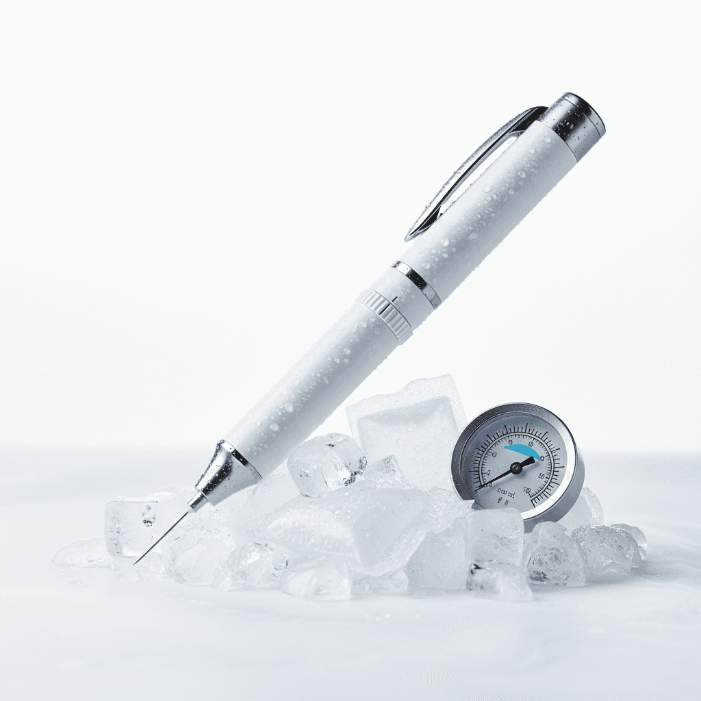 A growth hormone injection pen resting on ice beside a refrigeration temperature gauge — illustrating the strict 2–8 °C cold chain every somatropin product requires from manufacturer to patient