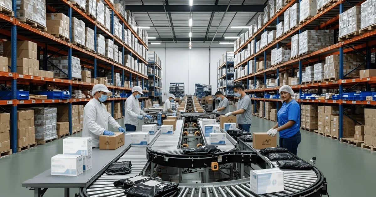 Healthcare professional managing pharmaceutical inventory in a modern medical distribution facility